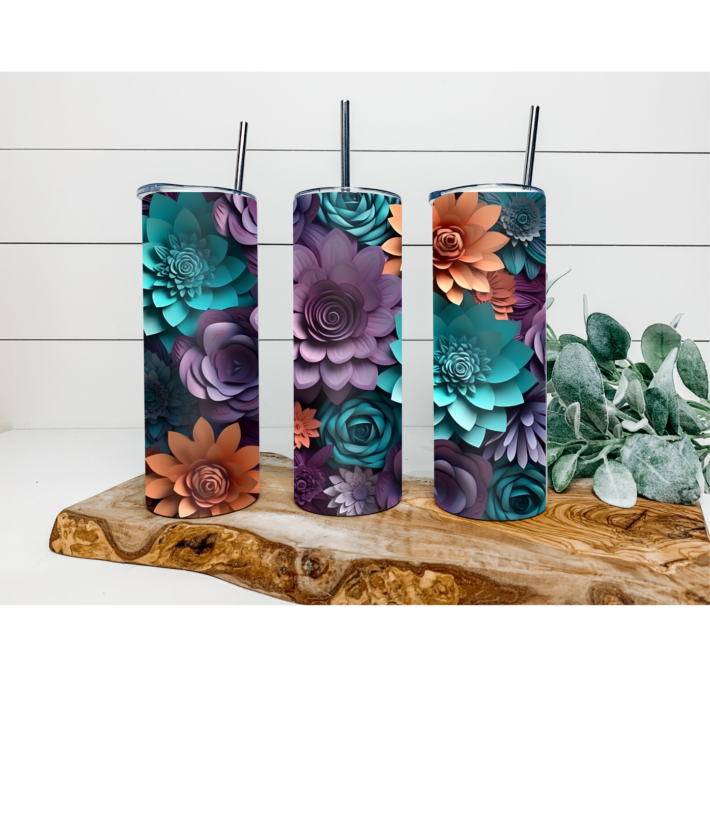 Teal 3D Floral Sublimation Transfer for 20 oz Tumbler